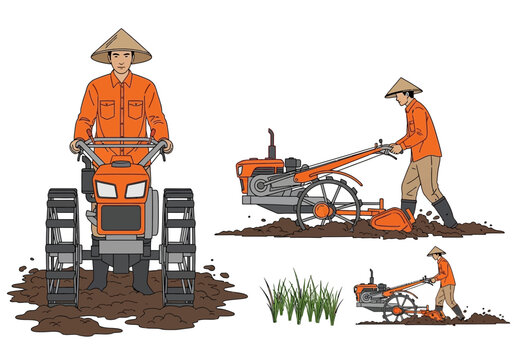 Farmers utilize walking tractors to plow and till fertile soil, showcasing traditional agricultural practices and modern equipment.