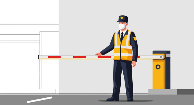 Security Guard with Face Mask Controls Barrier Gate at Entrance