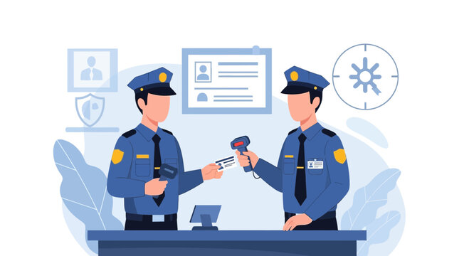Security Guards Scanning ID Card at Checkpoint with Scanner and Safe Icon