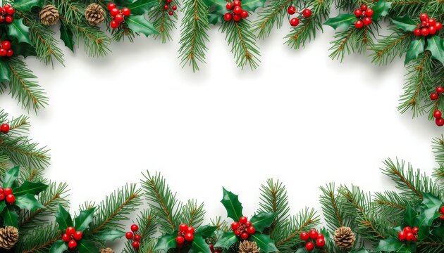 A christmas border with holly leaves, pine cones and red berries