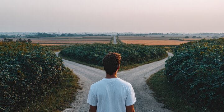 Man at a fork in the road, facing two paths into rural landscape