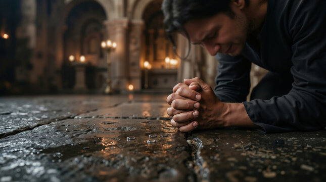 Man kneeling in prayer on stone floor of temple. Devout person in church with tears on ground. Religious faith and spiritual devotion concept