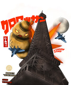 Funny Croissant Kaiju Monster Destroying Paris Vector Design, Cute Chocolate Strawberry Pastry Food Monster Attacking Eiffel Tower City Illustration