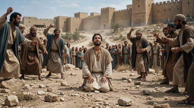 Historical depiction of Saint Stephen's martyrdom. Biblical scene of a man kneeling before a crowd with stones. Ancient Jerusalem setting