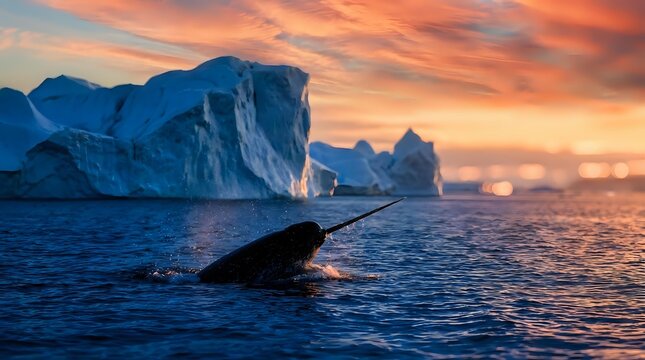 Whale breaching near massive icebergs during golden sunset in arctic waters, suitable for nature documentaries, travel campaigns, and wildlife publications.