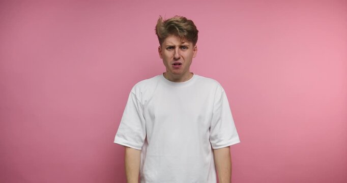 Expressions of surprise and confusion in a simple setting with a pink background