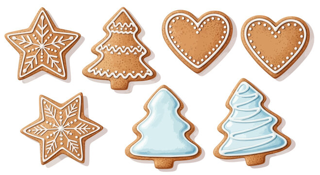 Assortment of festive Christmas gingerbread cookies shaped as trees, hearts, and stars with decorative icing