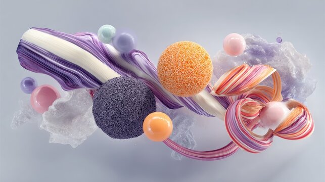 Swirling pastel ribbons and textured spheres float in abstract composition