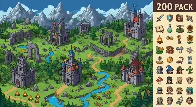 Pixel art fantasy world map with medieval castles and ruins, 200 pack game asset collection, retro RPG landscape vector