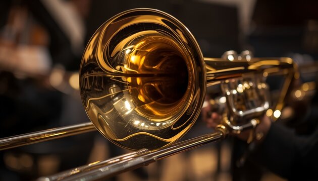 There is a close up of a brass instrument with a person in the background
