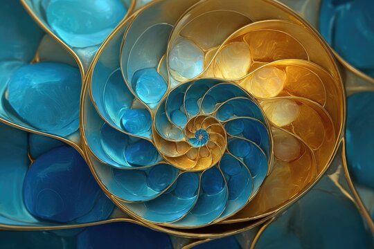 Golden and blue spiral forms a Fibonacci sequence pattern
