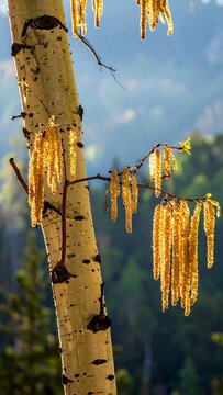 Golden Aspen Catkins Hanging on White Tree Trunk in Mountain Forest