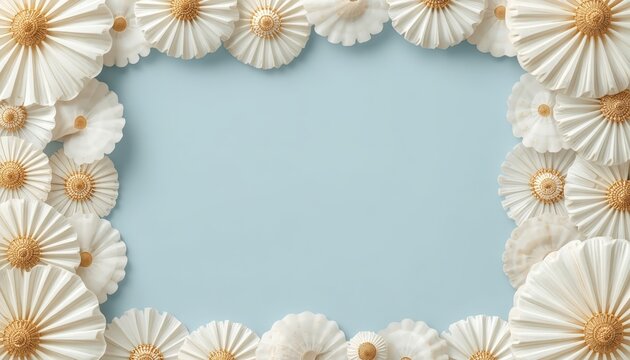 There is a frame made out of white paper flowers on a blue background