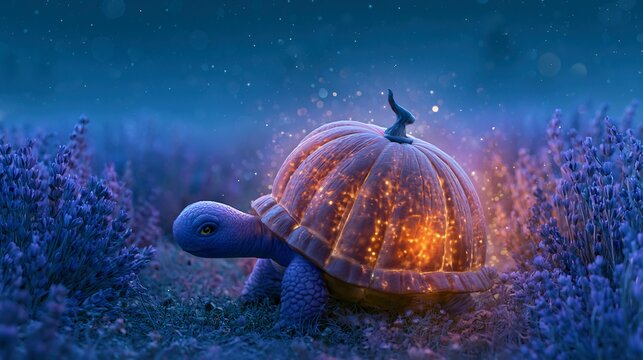 wise turtle with glowing pumpkin shell walking through field of lavender under starlit sky, whimsical 3D art, soft bokeh, magical aura.