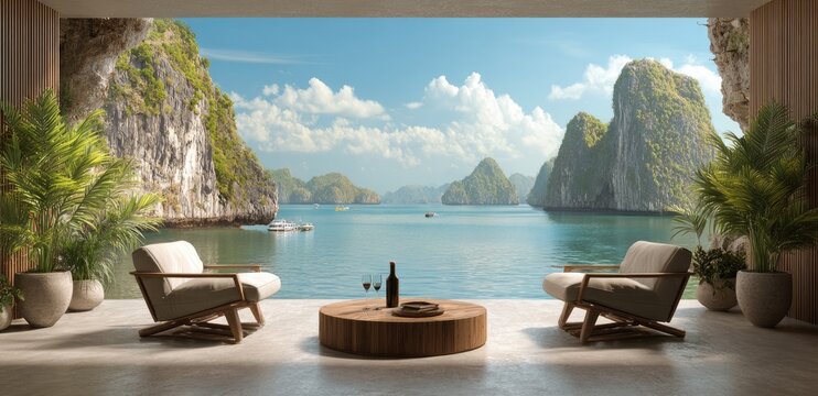 Relaxing chairs overlook a tropical bay with limestone karsts