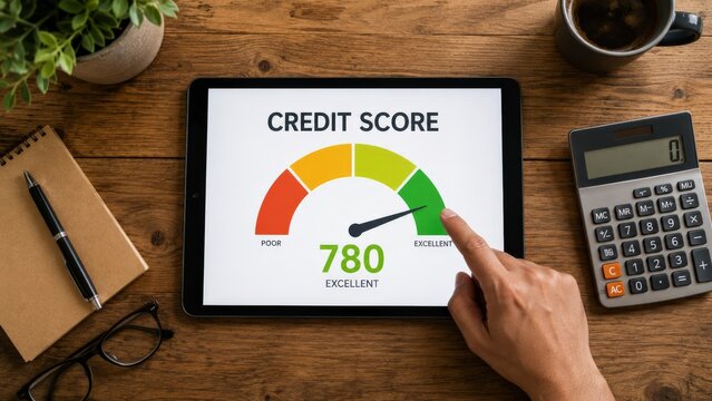 Tablet screen displaying excellent 780 credit score in office.