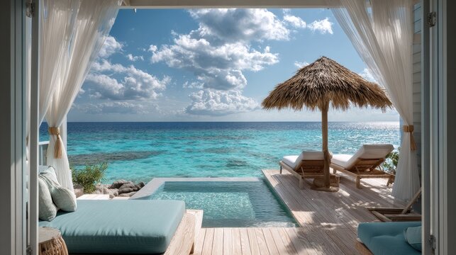 Serene beachfront villa with infinity pool, lounge chairs, and ocean view