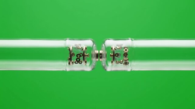Two glass tubes with electrodes connecting on green screen background.
