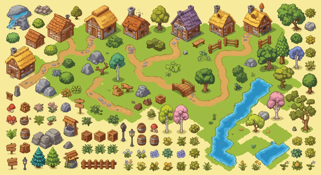 Isometric medieval village game assets, fantasy RPG map builder kit with cottages and nature, cartoon landscape vector elements for world building
