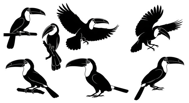 Black and white flying toucan birds illustration
