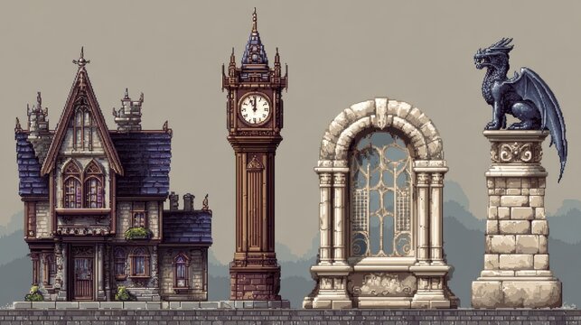 Pixel Art Gothic Fantasy Architecture Game Assets for Computer Games