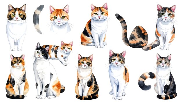 Collection of watercolor Calico cats, some sitting upright, isolated on a white background, assorted poses