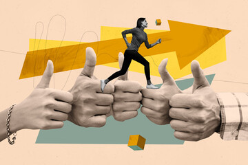 Trendy art creative full zine photo collage of happy businesswoman businessman run human hands show...
