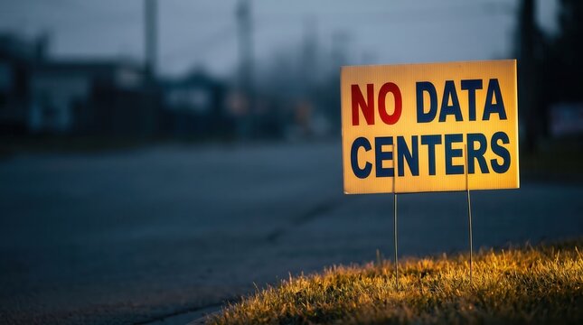 No data centers sign on green lawn at twilight community protest