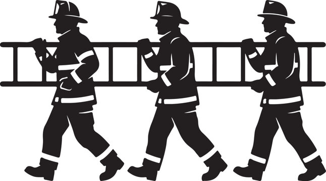 Firefighter silhouette collection, firemen carrying ladder vector icon set, emergency rescue personnel walking silhouettes, professional fire department graphic elements, black silhouettes of first 