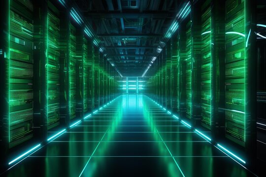Server racks generating green virtual data in a modern glowing data center corridor