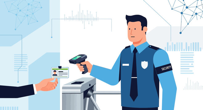 Security guard scanning ID pass at access control gate with technology background