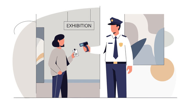 Security Guard Scanning Ticket at Art Exhibition Entrance