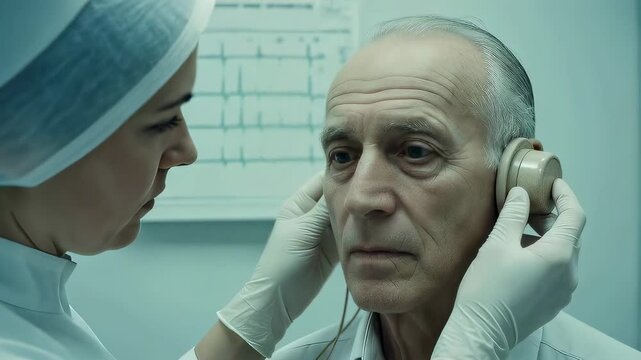 Nurse applying electrodes to man for mind control procedure. Hospital brainwashing experiment with medical equipment. Conspiracy theory and neural experiment concept.