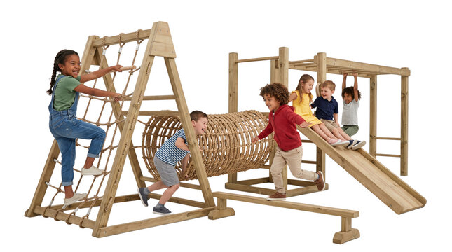 Wooden outdoor playground equipment with diverse children, natural timber climbing frame with slide and rope net, active kids playing on backyard gym isolated PNG with Transparent Background
