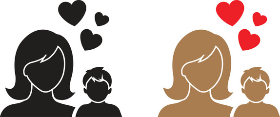 Fototapeta premium Mothers day black and colorful flat icon set. Featuring a mother and her child with three love hearts floating above vectors for family, parenting and holiday cards isolated on transparent background.