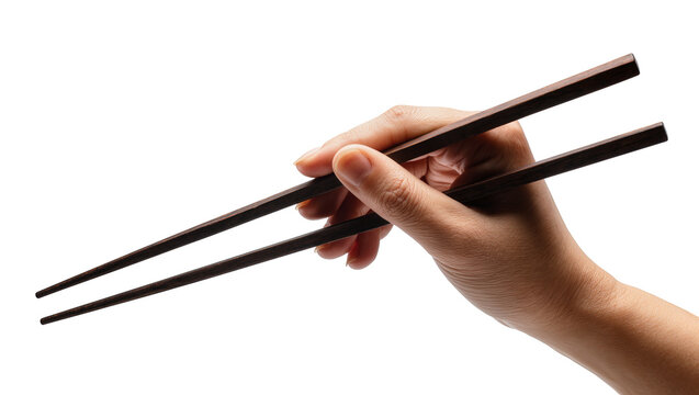 Hand holding dark wooden chopsticks for eating Asian food