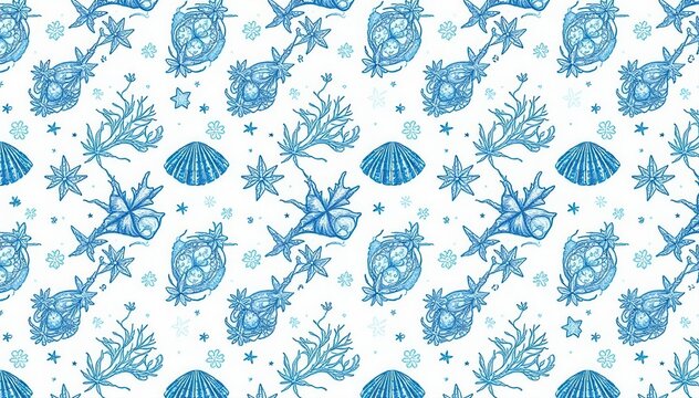 Hand-drawn ocean seamless pattern Blue, white, shells, starfish, coral, seaweed , starfish, fashion, nature