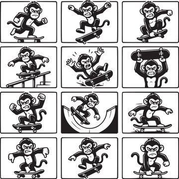 Skater monkey vector set, 12 angry chimpanzee characters on skateboards, black and white street style mascot collection, urban primate sports icons