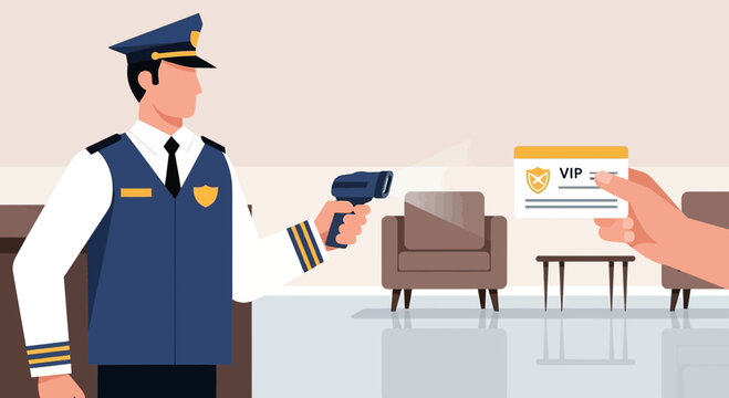 Security guard scanning VIP pass at airport or event entrance