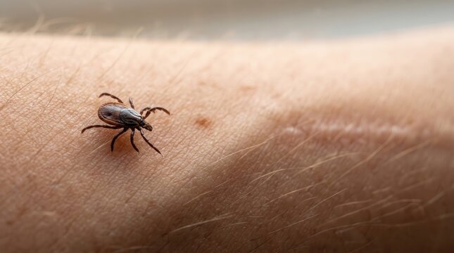 Tick crawling on human skin medical examination