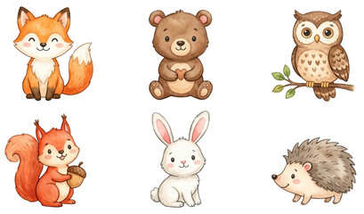 Naklejka premium cute forest animals fox bear and owl watercolor clipart set