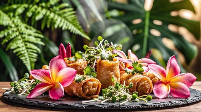 Crispy fried spring rolls with tropical plumeria flowers on a slate plate in a lush jungle setting