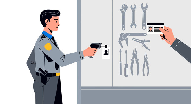 Security Guard Scans ID Badge of Worker Holding Toolbox Photo