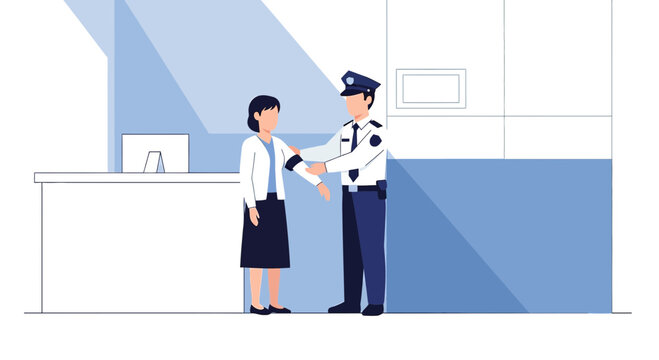 Security Guard Patrols Woman at Desk in Modern Office or Airport Terminal