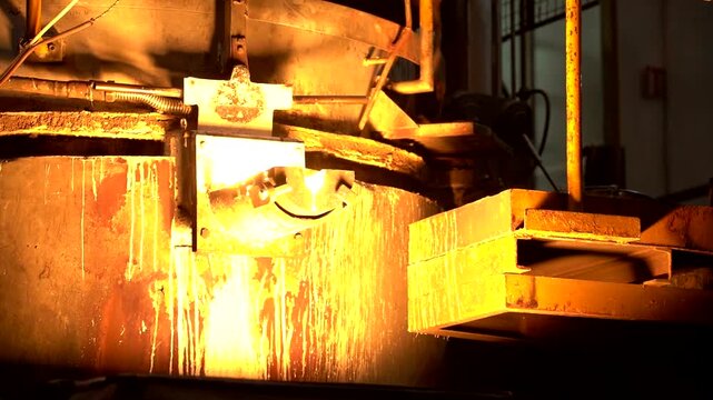 Heavy industrial plant where molten material flows from a furnace into molds, showcasing intense heat, and large-scale production, real-time footage 
