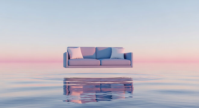 Floating futuristic cube on water with sunset sky