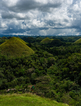 Chocolate Hills of Bohol with a small hut in the valley