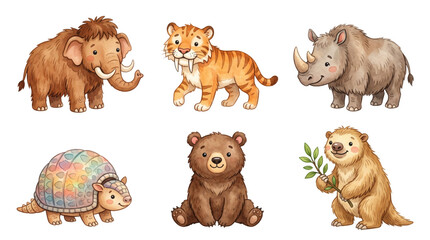 Fototapeta premium cute ice age animals mammoth and saber tooth tiger watercolor clipart set