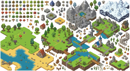 Fototapeta premium Isometric pixel art game assets, fantasy world map construction kit with nature elements, retro video game environment tiles and icons
