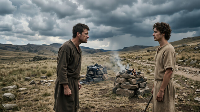 Biblical scene of brothers Cain and Abel facing each other in a barren field. Two ancient men in a tense confrontation with stone altars and smoke in the background. Old Testament religion concept